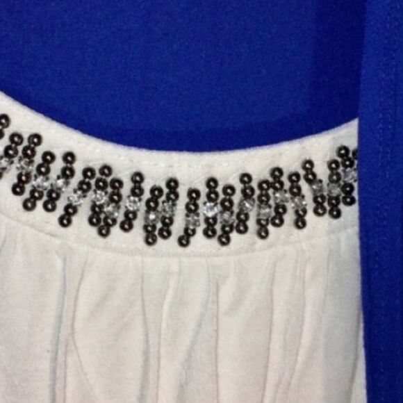 AB Studio (Kohl’s) Top Royal Blue Ivory Ruffled Beaded Neckline Cami Cardi S - Picture 4 of 16